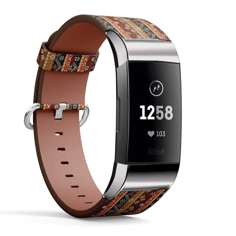 Compatible with Fitbit Charge 4 / Charge 3 / Charge 3 SE - Leather Watch Wrist Band Strap Bracelet with Stainless Steel Adapters (Boho Tribal)