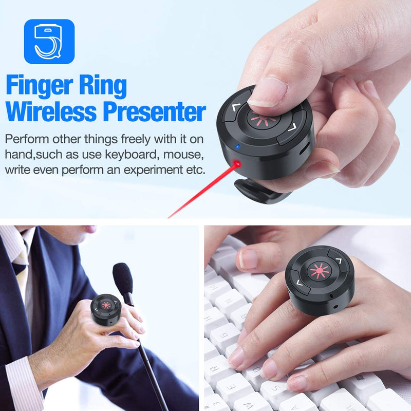 DinoFire Wireless Presenter Remote Finger Ring USB Rechargeable Presentation Clicker Presentation Remote Powerpoint Clicker PPT Clicker with Slide Advancer RF 2.4Ghz for Mac/Laptop/Computer Round