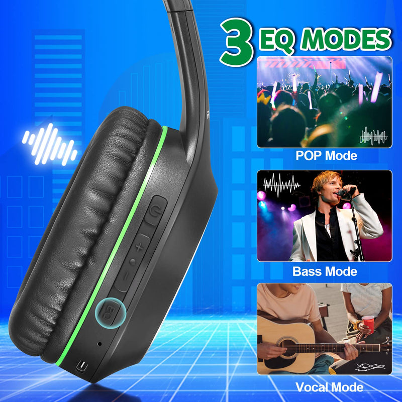 [AUSTRALIA] - Rydohi Bluetooth Headphones Over Ear, 68H Playtime and 3 EQ Music Modes Wireless Headphones with Microphone/Deep Bass, HiFi Stereo Foldable Lightweight Headset for PC Home Travel Office (Black Green) Black Green 
