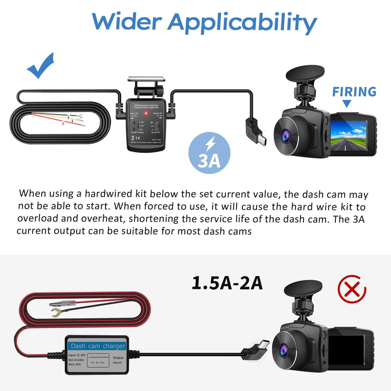Dash Cam Hardwire Kit USB C Microwave Radar Sensing Dashcam Hardwiring Kit 12V-24V to 5V/3A Dash Camera Adapter Hardwire Charger Cable 11.5ft (Type C USB) Type C USB