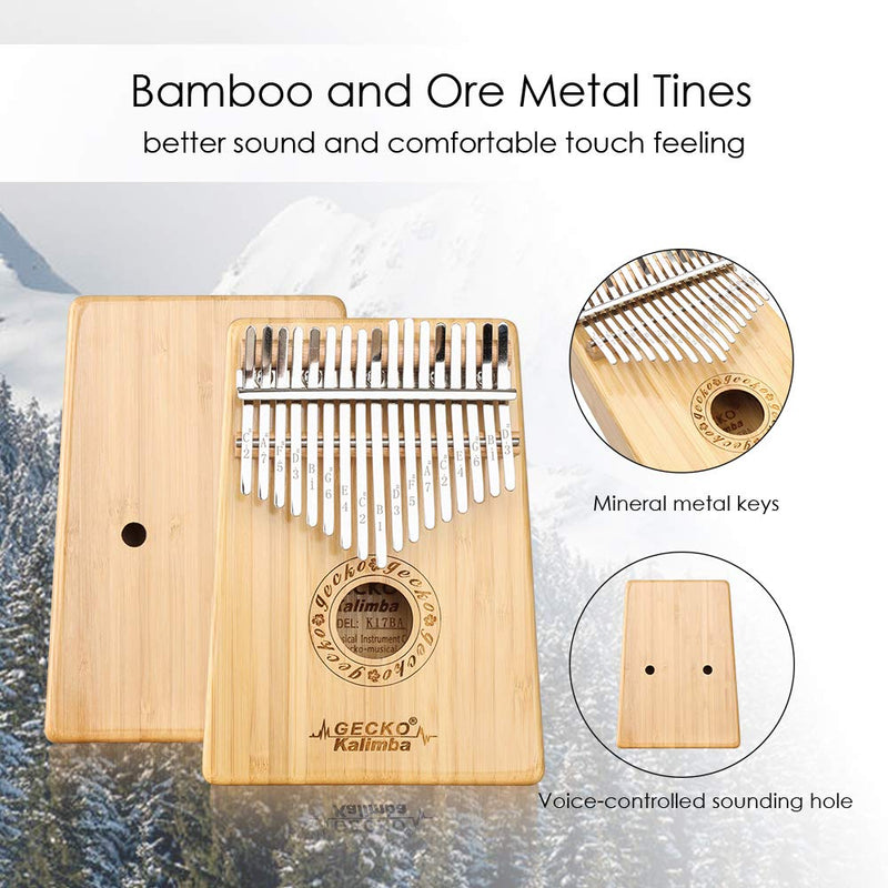 Gecko Kalimba Thumb Piano 17 Keys, Bamboo Portable Mbira Sanza Finger Mini Piano, with Tune Hammer and Songbook, Musical Instruments for Kids Adult Beginners K17BA