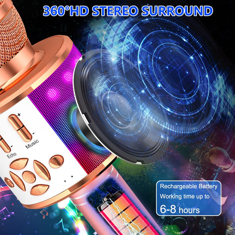 Amazmic Karaoke Microphone for Adults, Wireless Bluetooth Microphone for Singing Portable Karaoke Machine Handheld with LED Lights, Gift for Kids Adults Birthday Party, Home KTV(Rose Gold) Rose Gold