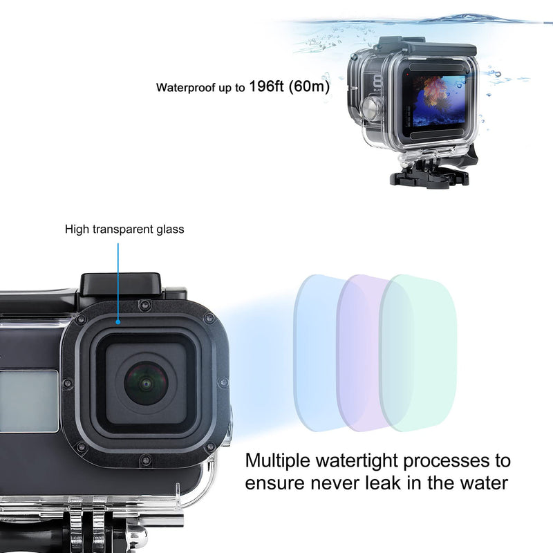 SOONSUN Waterproof Housing Case for GoPro Hero 8 Black with 4-Pack Diving Filter - 60M Underwater Diving Housing Built-in Dual Cold Shoe Slots with Red, Light Red, Magenta and 5X Macro Filter Waterproof Housing with Filters for HERO8 Black