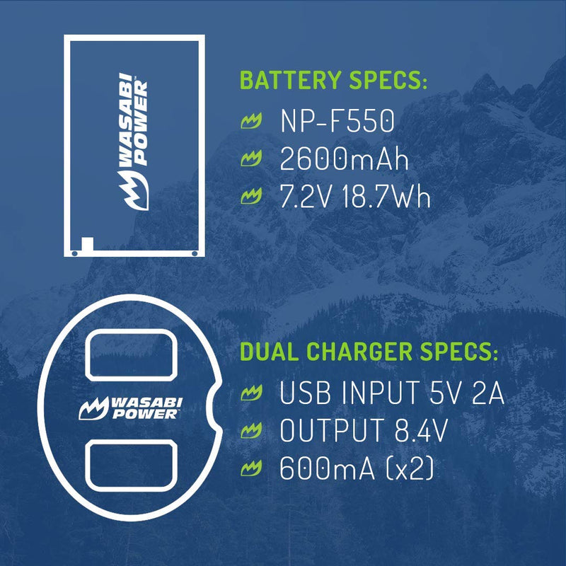 Wasabi Power Battery (2-Pack) and Dual USB Charger for Sony NP-F330, NP-F530, NP-F550, NP-F570 and CN-160, CN-216, CN126 Series (L Series) and Atomos Ninja V, Shinobi, Shogun 7