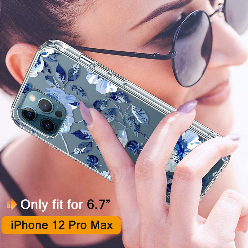 GiiKa for iPhone 12 Pro Max Case with Screen Protector, Clear Full Body Shockproof Protective Floral Girls Women Hard Case with TPU Bumper Cover Phone Case for iPhone 12 Pro Max, Blue Flowers Blue Flowers / Blue