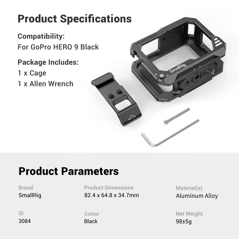 SmallRig Hero10 Cage / Hero9 Cage , Aluminum Video Cage with 2 Cold Shoe Mount for Mic and Led Light , Compatible with Max Lens Mod for GoPro Hero9/Hero10 Black 3084 middle