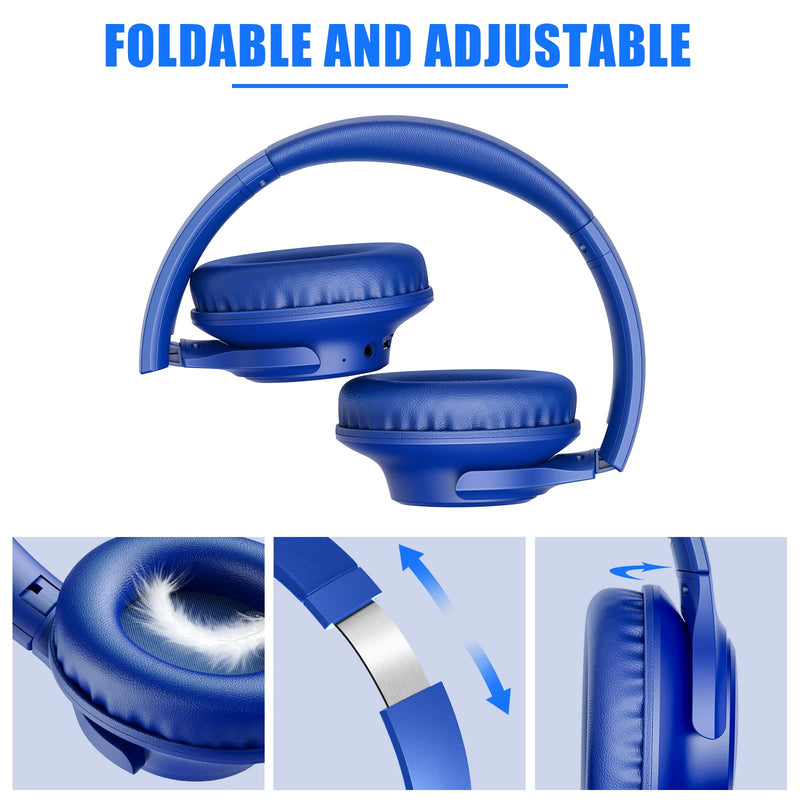 Bluetooth Headphones Over Ear,KVIDIO 55 Hours Playtime Wireless Headphones with Microphone,Foldable Lightweight Headset with Deep Bass,HiFi Stereo Sound for Travel Work Laptop PC Cellphone (Blue) Blue