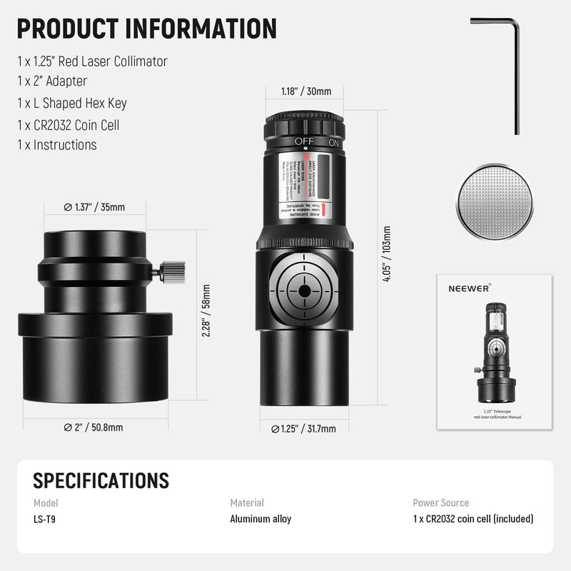 NEEWER Red Laser Collimator, Adjustable 1.25" Collimation Eyepiece with 2" Adapter, Telescope Accessory Compatible with Newtonian Dobsonian Marca Reflector Telescope, LS-T9