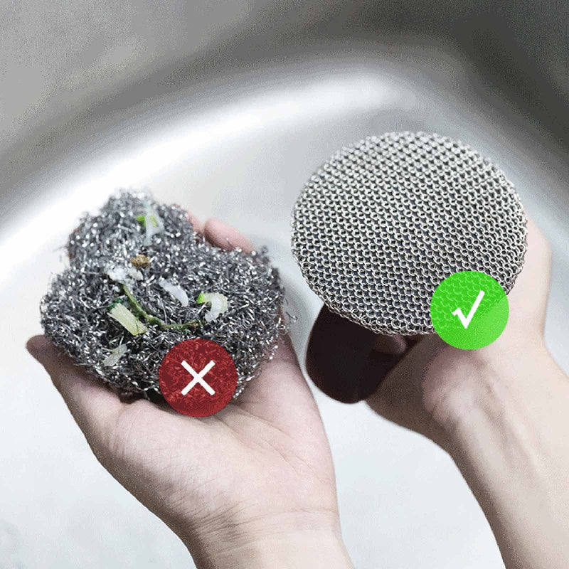 FFfeily Cast Iron Cleaner Chainmail Scrubber 316 Stainless Chainmail Cleaner Scrubber with Handle Metal Scrub Brush for Cast Iron Skillet Cleaner Brush Stainless Steel Small Rings