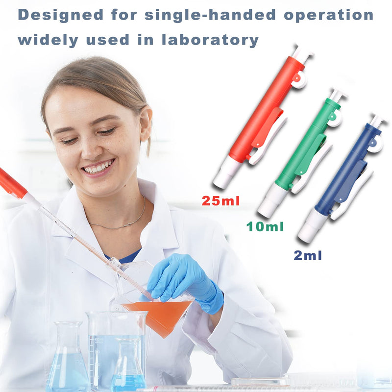 ONiLAB Pipette Pump，Set of 3 Lab Pipettes, 2ml Blue, 10ml Green, 25ml Red, Fit Plastic or Glass Pipettes 2ml 10ml 25ml(3pcs/set)