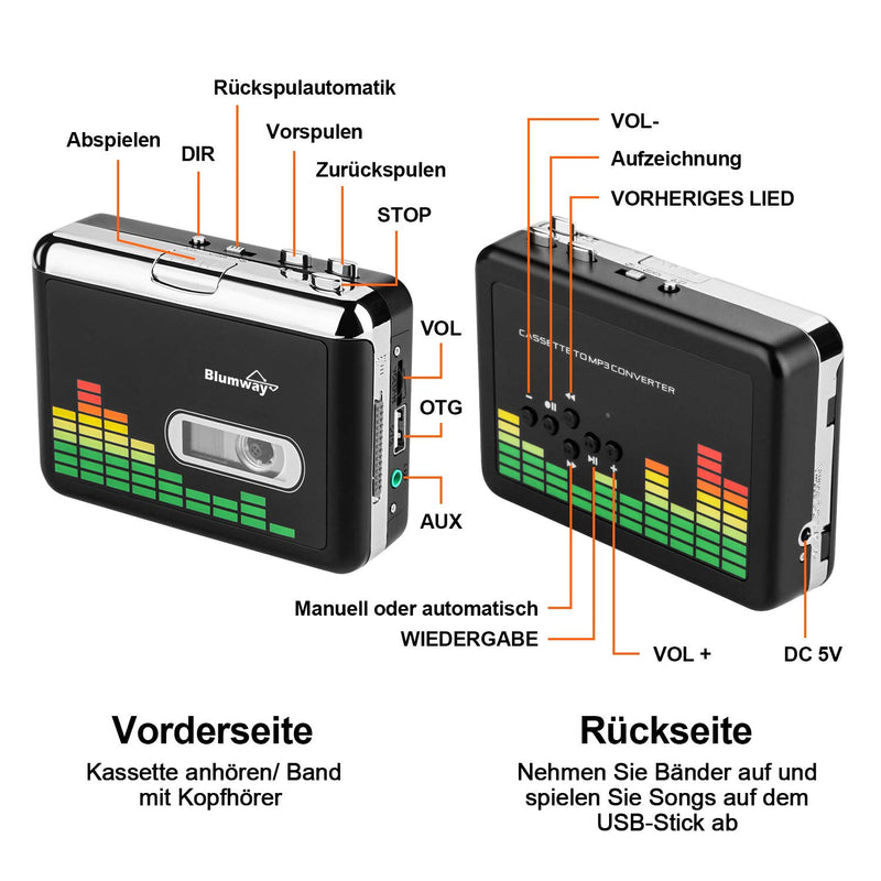 BlumWay Cassette to MP3 converter, portable cassette player via USB Drive, digital cassette converter Audio Music Tape to MP3 Converter Player with Earphone, No Need Computer PC000249