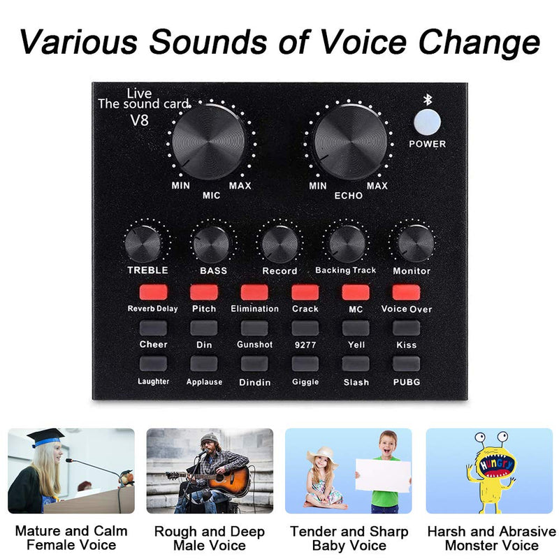 V8 Sound Card, Recording Sound Card for Microphone, Computer, Mobile Phone, IPad, PS4 Voice Changer Device with Multiple Funny Sound Effect - USB Audio Interface