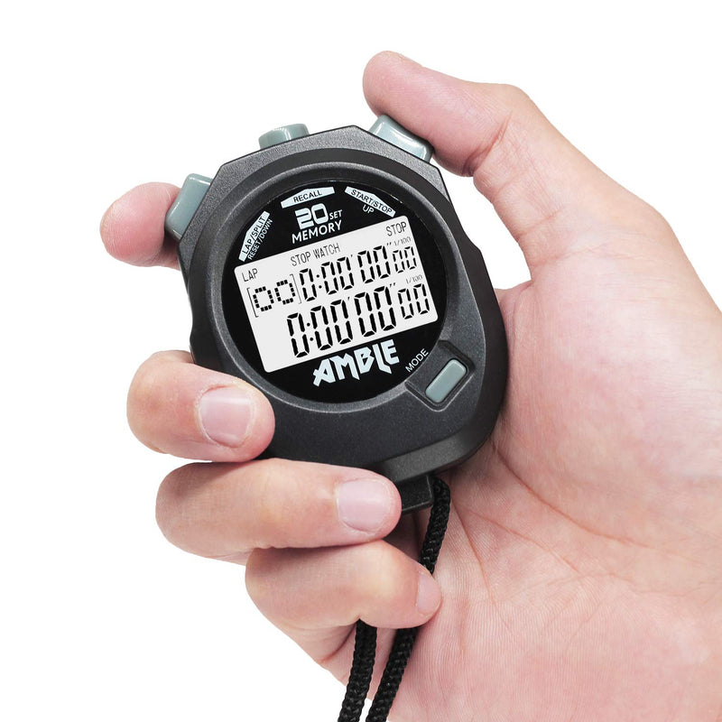 Amble Stopwatch, Countdown Timer and Stopwatch Record 20 Memories Lap Split Time with Tally Counter and Calendar Clock with Alarm for Sports Coaches and Referees