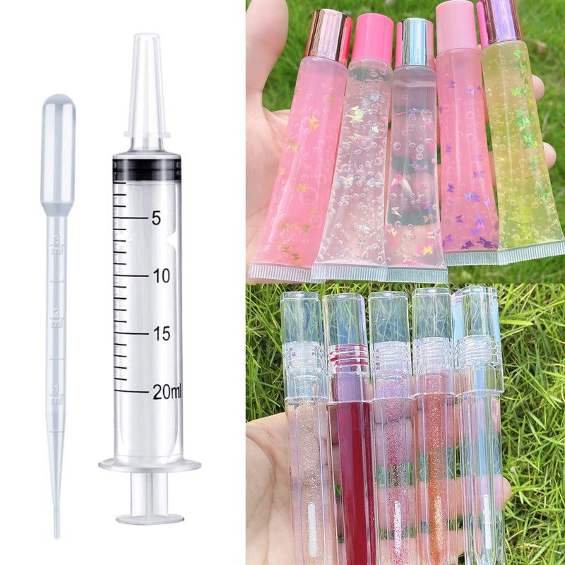 Large Syringe for Lip Gloss, 4-Pack 20ml Syringes and Pipettes for lipgloss Base Tubes Supplies Liquid Oral Medicine Injection Feeding Syringes without Needle, with 20 Pc Extension Pipette Dropper 20ml Syingres+ Pipettes 24.0