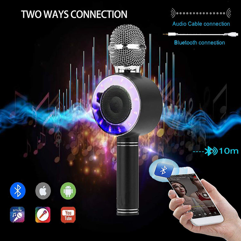 [AUSTRALIA] - Karaoke Microphone,Wireless Bluetooth Karaoke Microphone with LED Lights Portable Handheld Speaker Machine Pop Echo MIC with Dynamic for Kids Christmas Birthday Home Party KTV Outdoor Stage Black 