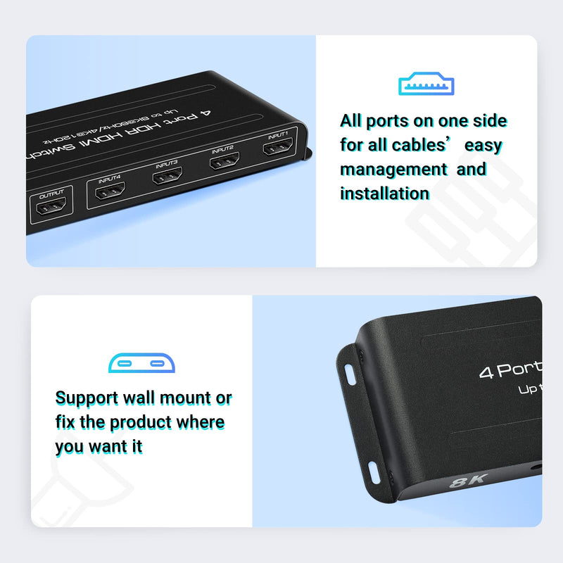 [AUSTRALIA] - FERRISA 8K HDMI Switch 4 in 1 Out HDMI 2.1 Switch with IR Remote 4 Port 4K 120Hz HDMI Switcher 4X1 HDMI Auto Switch Selector Hub for Fire Stick,PS5,Roku,Xbox,Support 1080P@240Hz,3D,48Gbps 8K 4x1 HDMI Switch 