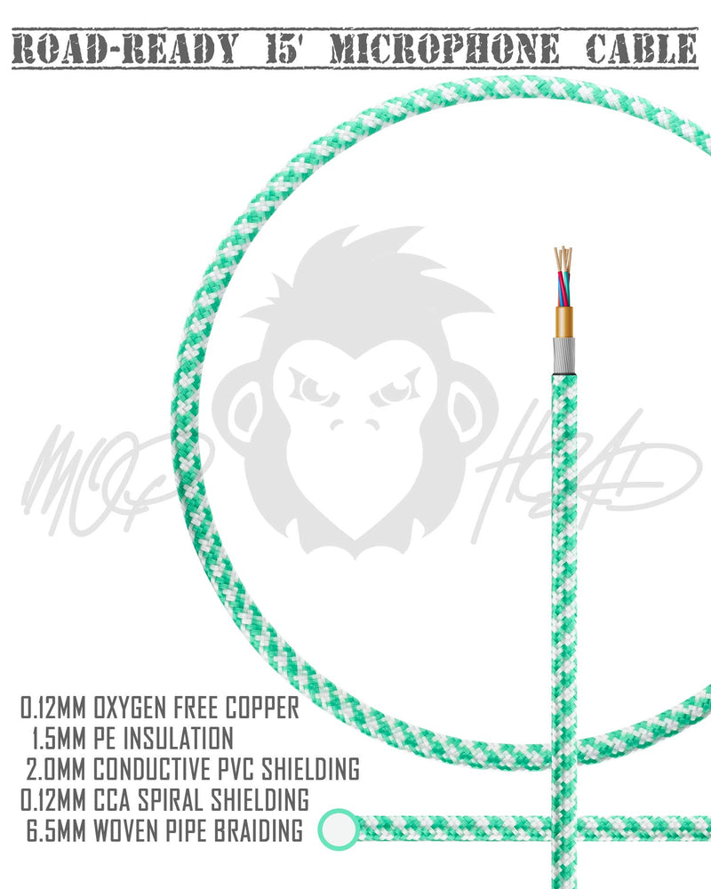 [AUSTRALIA] - Mophead 15 Foot Double Insulated and Road Ready Tweed Braided XLR Male to XLR Female Microphone Cable Green Candy Stripe 