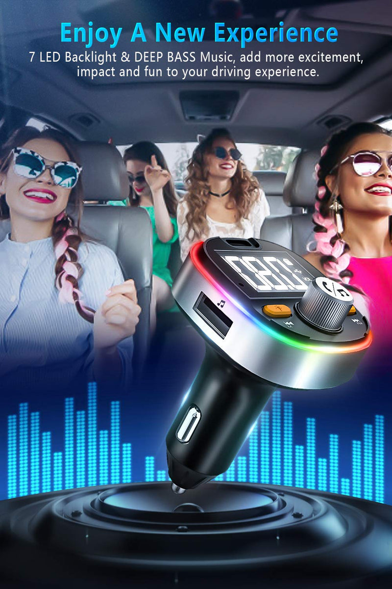 5.0 Bluetooth FM Transmitter for Car, Type-C PD3.0 18W Bluetooth Car Adapter, 7-Colors LED Backlit, Hands-Free Calling, Heavy Bass, Support USB Drive/TF Card and Siri Google Assistant
