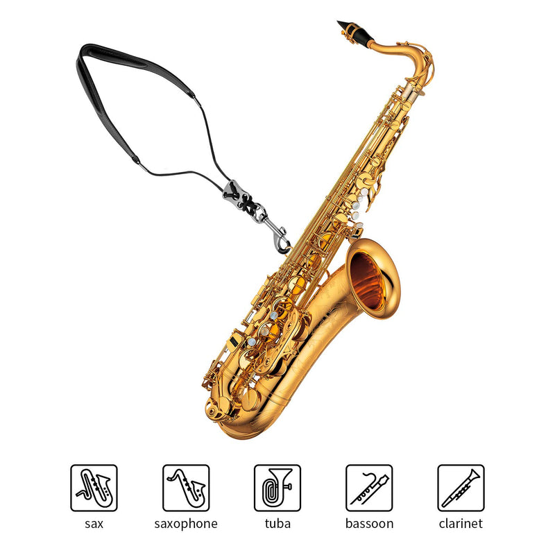 Rinastore Saxophone Strap Genuine Leather Sax Neck Strap with Soft Thick Pad for Soprano Tenor Alto Sax and Clarinets Oboes Rubber-covered Metal Hook