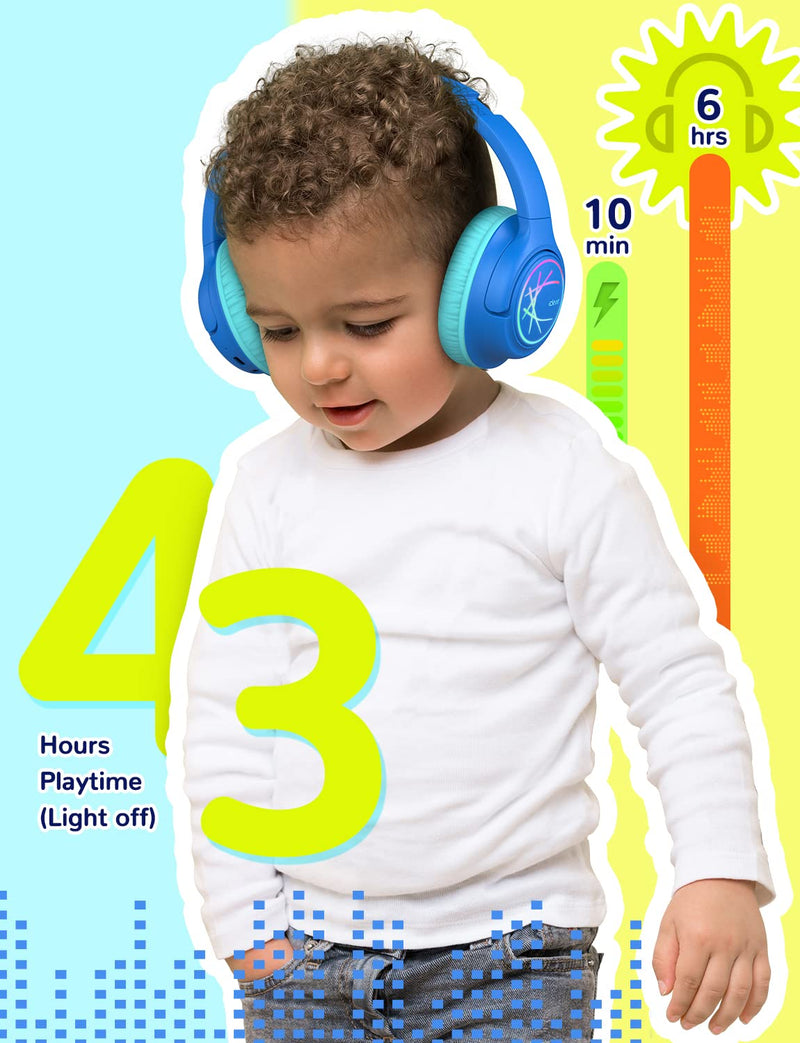 iClever Kids Bluetooth Headphones with LED Lights, BTH18 Safe Volume 74/85/94dBA, 43H Playtime, Stereo Sound, USB-C, AUX Cable, Bluetooth5.3 Over Ear Kids Headphones Wireless for Tablet/Travel, Blue