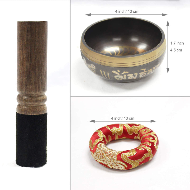 Tibetan Singing Bowl Set ~ For Meditation, Chakra Healing, Yoga, Zen Garden, Beginner, Prayer and Mindfulness ~Sound Bell Perfect Gift Beautiful Tone Antique Design 4 inch~ With Mallet & Cushion 4''