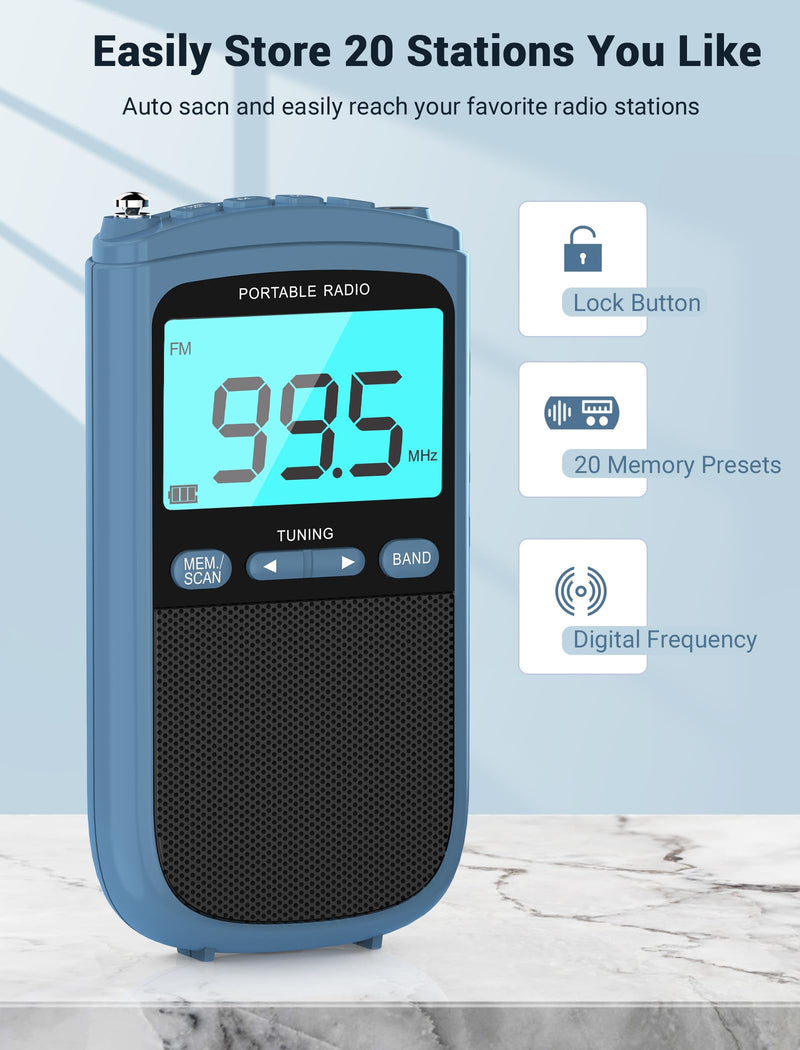 Portable Radio AM/FM with Speaker,Mini Transistor Pocket Radio with LCD Display, Digital Radio Stereo Earphone,Walkman Radio with 900mAh Rechargeable Battery,Best Reception Radio for Walking(Blue)