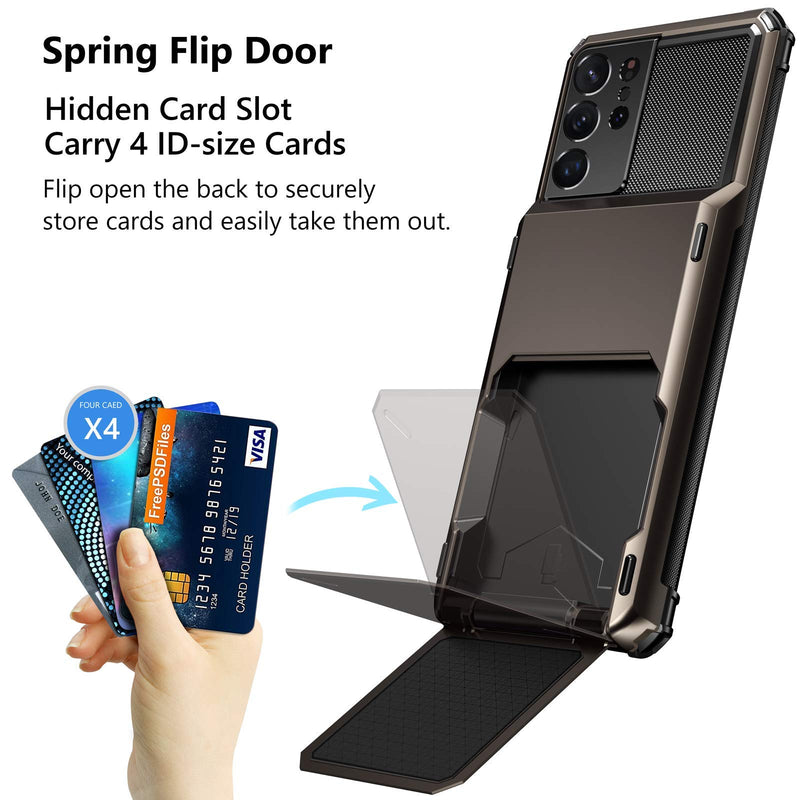 Vofolen for Galaxy S21 Ultra Case Wallet 4-Card Flip Cover Credit Card Holder Slot Back Pocket Dual Layer Protective Hybrid Hard Shell Bumper Armor Case for Samsung S21 Ultra 6.8 Gun Metal