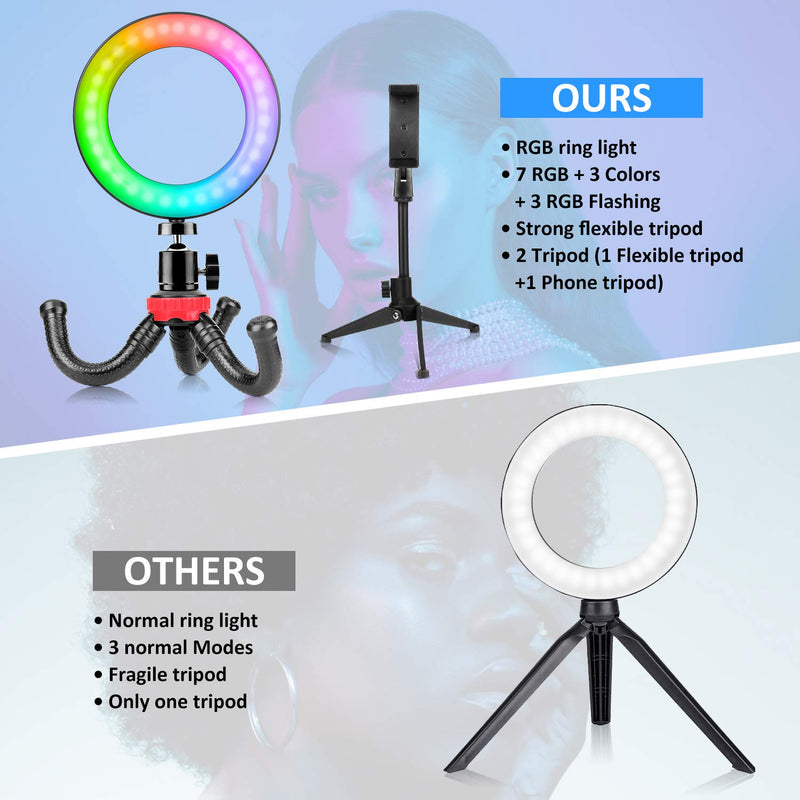 6" RGB Selfie Ring Light with Two Table Tripod Stand, 10 RGB Colors Dimmable LED Ring Light with Wireless Remote Control for Makeup, Vlog/YouTube Video, Live Stream, Photography