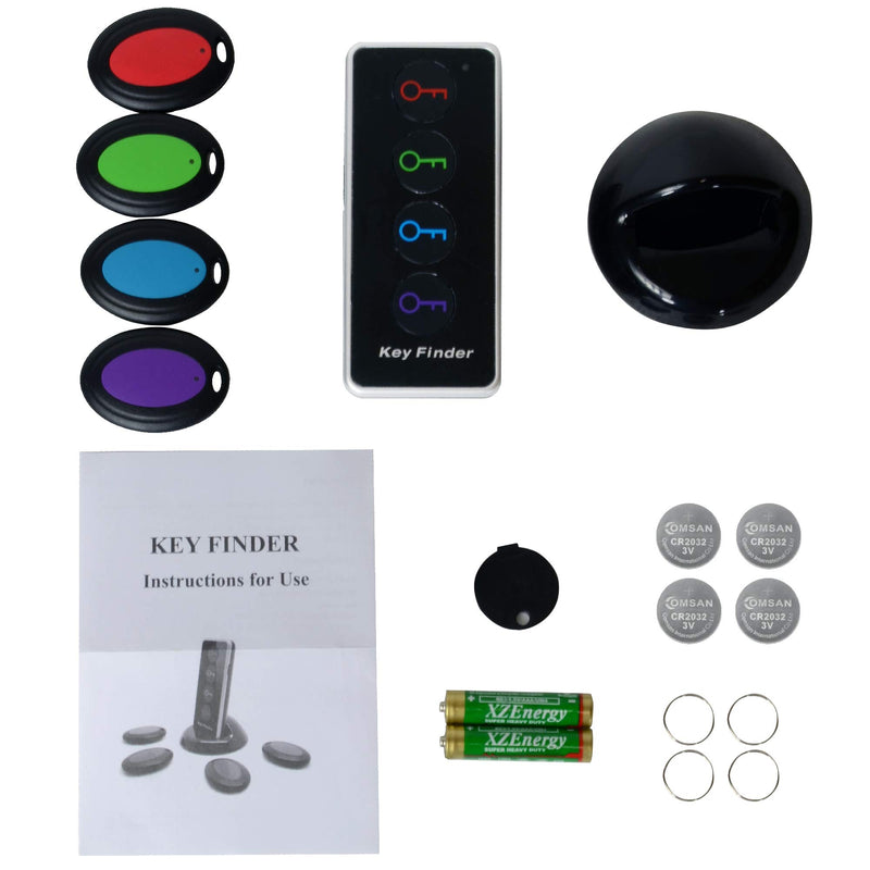 JTD Key Finder RF Item Locator with 1 Transmitter and 4 Receivers, 130ft Working Range Wireless Item Tracker Support Remote Control LED Flashlight Function for Finding Phone, Wallet and Keys