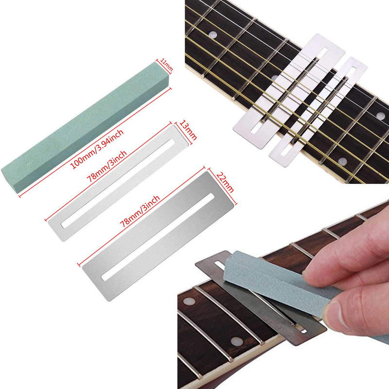 Guitar Bass Luthier Tool with 9Pcs Understring Radius Gauge, 32 Blades Steel Feeler Gauge, String Action Gauge Ruler, 2 Fingerboard Guard Protectors, 2 Grinding Stones