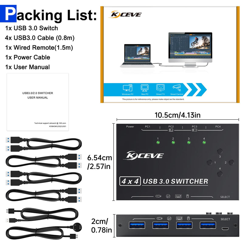 USB 3.0 Switch 4 Computers,Camgeet 4 Port USB Switch Selector Sharing 4 USB Devices,Keyboard Mouse Switch,USB Switcher Compatible with Mac/Windows/Linux,Wired Remote and 4 USB 3.0 Cable Included