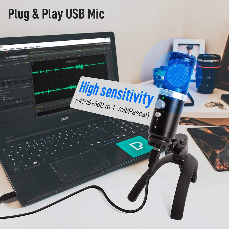 USB-Computer-Microphone, MOMAN EM1 Desktop Condenser Cardioid Mic Plug and Play with Real-Time Monitoring Adjustable Gain and Mute Button for Live Streaming, YouTube,Online Teaching, Video Recording