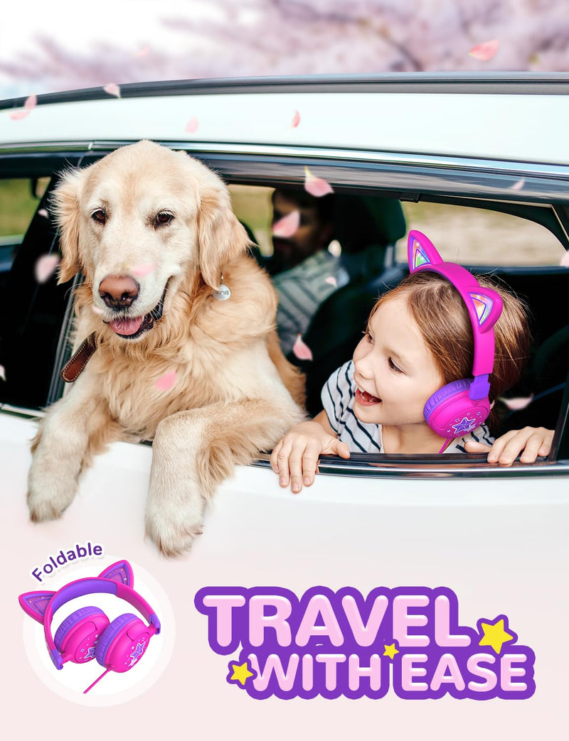 [AUSTRALIA] - iClever Kids Headphones Cat Ear, LED Light Up, 85dBA Safe Volume, Stereo Sound Toddler Headphones for Travel School, Foldable 3.5mm Wired Kids Headphones for iPad Tablets, Meow Lollipop-Hot Pink Hot Pink 