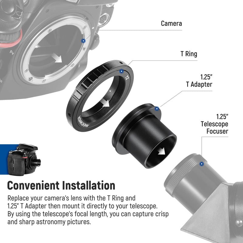 NEEWER T Ring with M42 Threads & 1.25" Telescope Adapter Compatible with Nikon F Mount Cameras & Telescope Eyepieces, Lens Adapter Ring for D850 D750 D500 D780 D7500 D5600 D3500 D5, LA-04