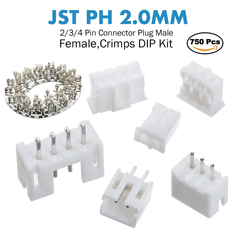 750 Pieces 2.0mm JST-PH JST Connector Kit. 2.0mm Pitch Female Pin Header, JST PH - 2/3 / 4 Pin Housing JST Adapter Cable Connector Socket Male and Female, Crimp DIP Kit. JST-PH2.0 PH 2P/3P/4P