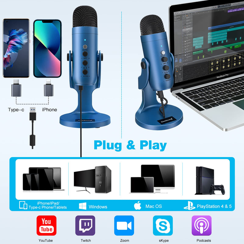 ZealSound USB Microphone,Condenser Gaming Mic for Phone/Laptop/PC/PS4/5/Computer,Microphone with Gain Knob,LED Mute,Monitor Volume Adjustment,Stand Base for Streaming, Podcast, Studio Recording (Blue) Blue