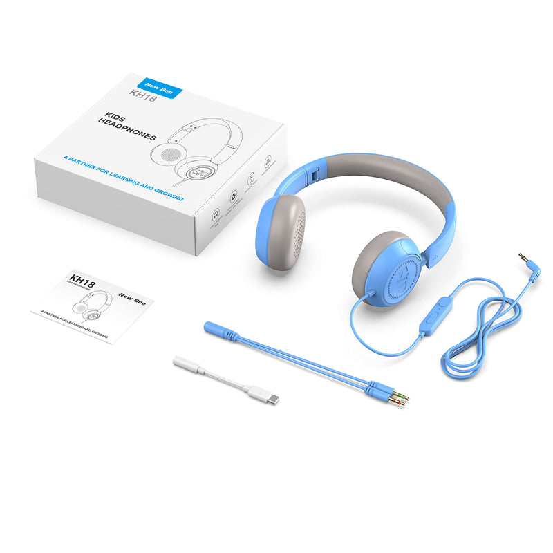 Kids Headphones for School with microphone New bee HD Stereo Safe Volume Limited 85dB/94dB Foldable Lightweight On-ear Headphone for Boys/PC/Mac/Android/Kindle/Tablet/Pad (Blue, Include USB-c Adapter) Blue
