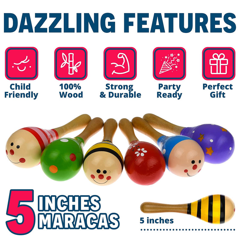 Maracas Mini (5 Inch = 13 cm) Wooden Fiesta Maracas - Pack of 12 - Assorted colors and designs