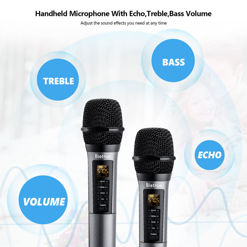 Bietrun Wireless Microphone with Echo, Treble, Bass & Bluetooth, 98 FT Range, Portable UHF Handheld Karaoke Dynamic Microphone System with Rechargeable Receiver, for Karaoke, Singing, Amp, PA System