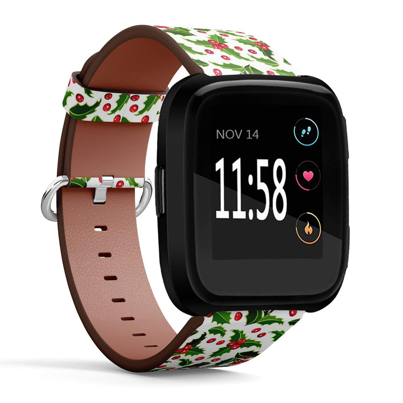 Compatible with Fitbit Versa/Versa 2 / Versa LITE - Quick Release Leather Wristband Bracelet Replacement Accessory Band - Christmas Holly