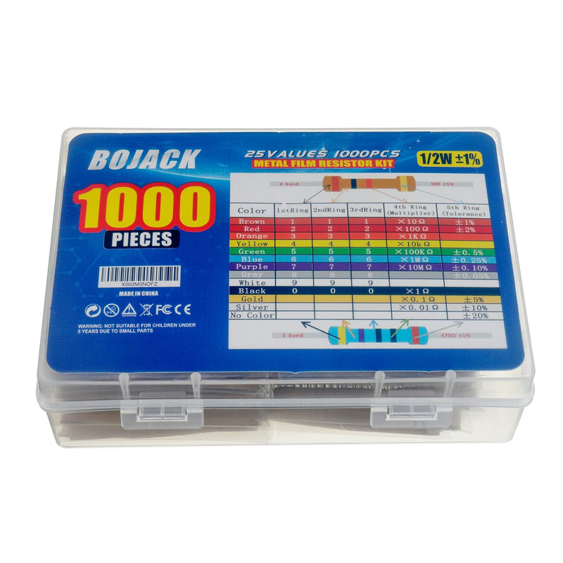 BOJACK 1000 Pcs 25 Values Resistor Kit 1 Ohm-1M Ohm with 1% 1/2W Metal Film Resistors Assortment 1/2 W