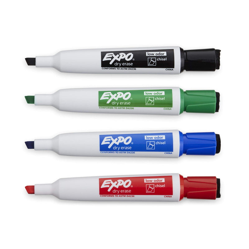 EXPO 1944728 Magnetic Dry Erase Markers with Eraser, Chisel Tip, Assorted, 4-Count Magnetic Chisel
