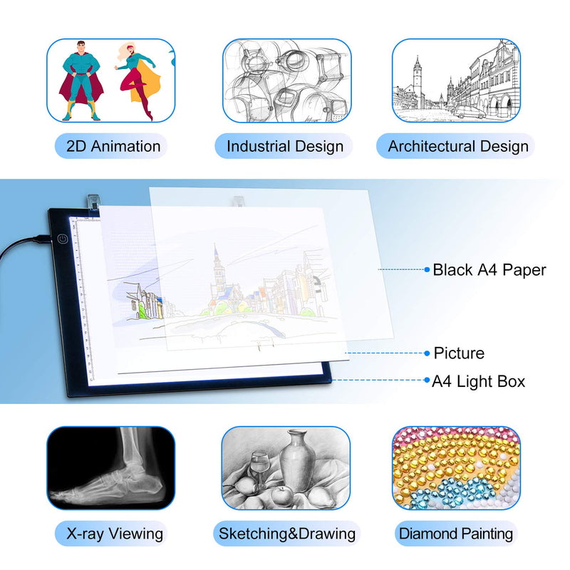 A4 LED Light Box,Trace Light Pad Drawing Adjustable Brightness Tracer, USB Power Ultra-Thin Portable Light Pad,Suitable for DIY 5D Diamond Drawing Sketch Pad, with LCD Drawing Board