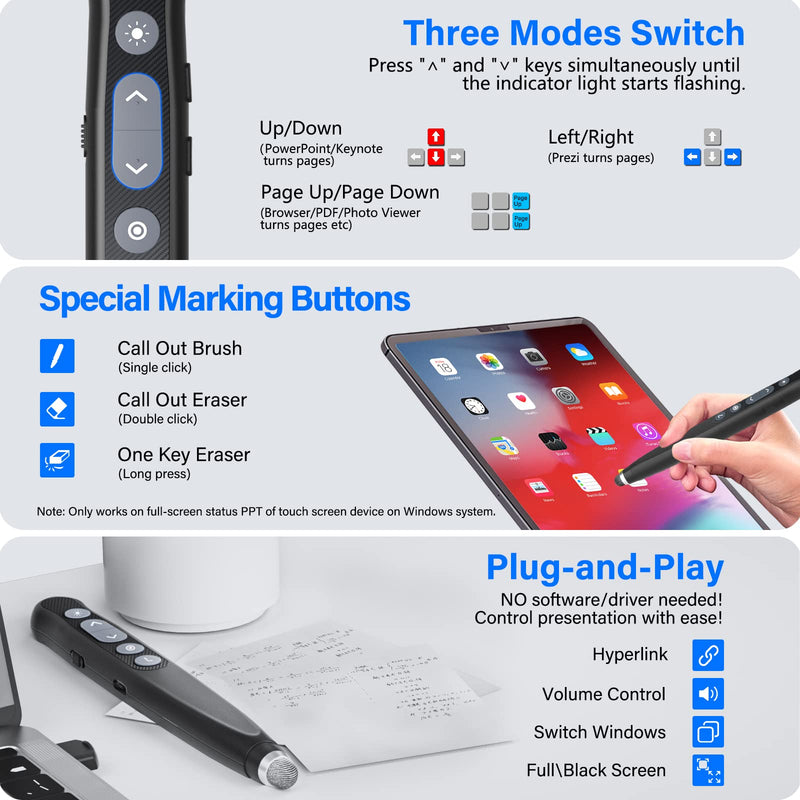 NinjaABXY Presentation Clicker with Laser Pointer Stylus Pen for Touch Screen, Rechargeable Wireless Presenter Remote, RF USB PowerPoint Clicker Slide Advancer with Hyperlink Volume Control for Mac/PC