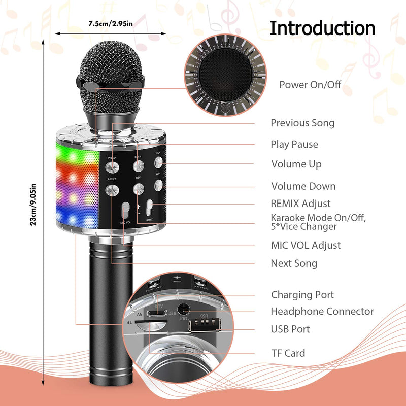 Wireless Bluetooth Karaoke Microphone, 4-in-1 Portable Handheld Karaoke Mic Speaker Machine, Christmas Birthday Home Party for Android/iPhone/PC or All Smartphone Black