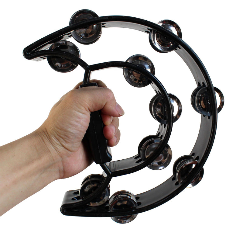 YMC TAM20-BLACK Double Row Tambourine - Metal Jingles Hand Held Percussion Ergonomic Handle