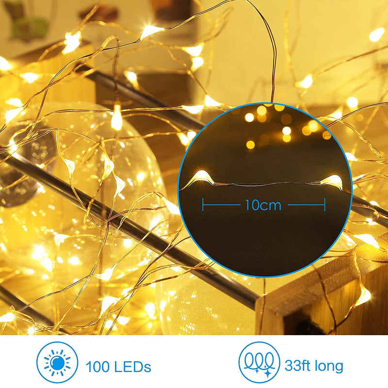10 Meters 100 Lights Always on with Flashing Christmas Light, Led Decorative Fairy Battery Powered Copper Wire String Lights, Suitable for DIY Bedroom Decorations, Christmas, Halloween