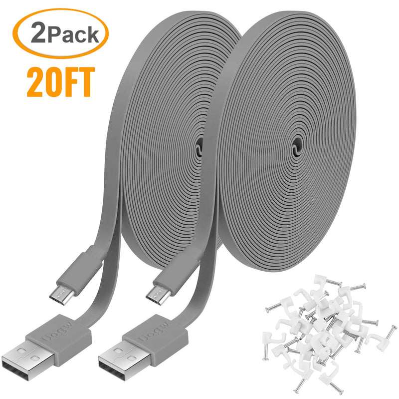 2 Pack 20FT Power Extension Cable Compatible with WyzeCam, Wyze Cam Pan, NestCam Indoor,Blink, Yi Camera,Amazon Cloud Camera,USB to Micro USB Durable Charging and Data Sync Cord (Gray) Gray