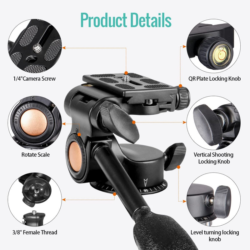 Koolehaoda Tripod Pan Head 360°Single Handle Hydraulic Damping Three-Dimensional Head with Quick Release Plate for Tripod, Monopod, DSLR Camera, Camcorder KQ-88