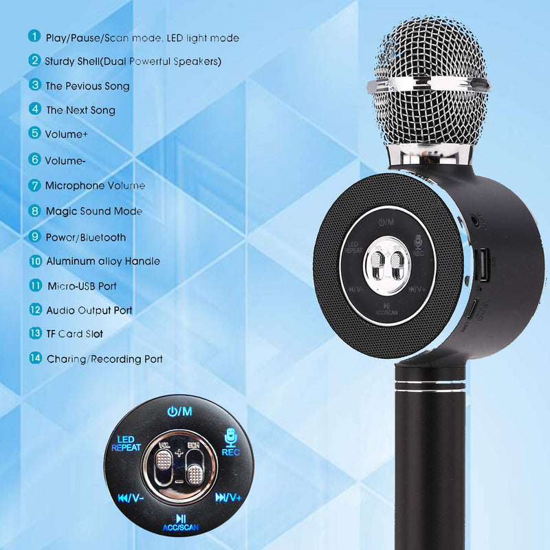 [AUSTRALIA] - Karaoke Microphone,Wireless Bluetooth Karaoke Microphone with LED Lights Portable Handheld Speaker Machine Pop Echo MIC with Dynamic for Kids Christmas Birthday Home Party KTV Outdoor Stage Black 